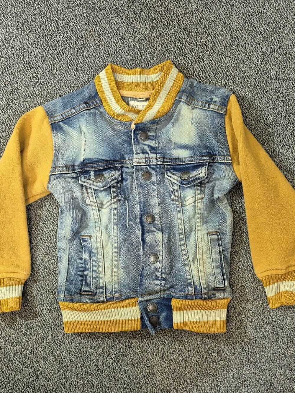 Evolution in Design Toddler 4T Denim Varsity Bomber Jacket Yellow Sleeves Snap